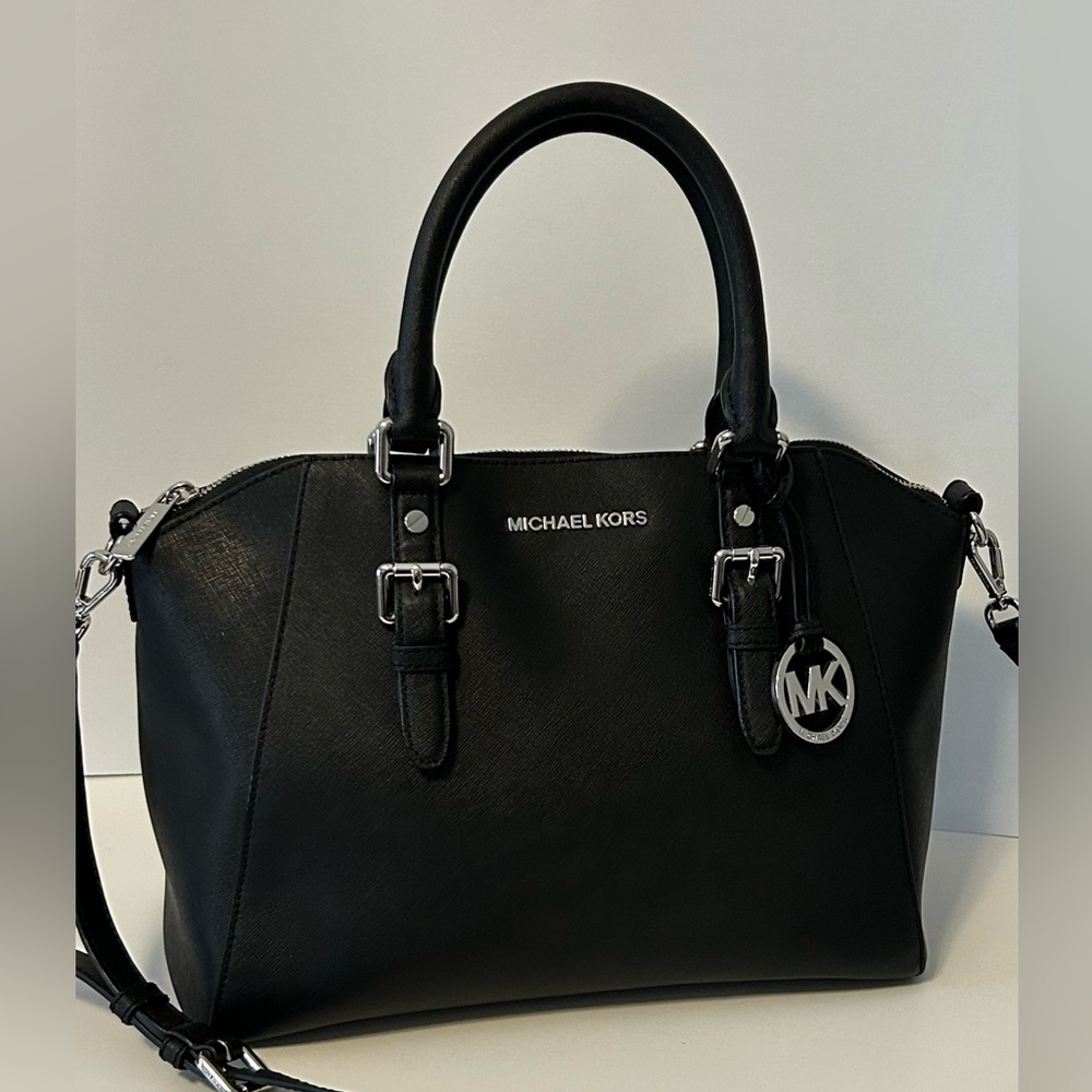 Michael Michael Kors Black Ciara Saffiano Leather Satchel Crossbody - Picture 2 of 10